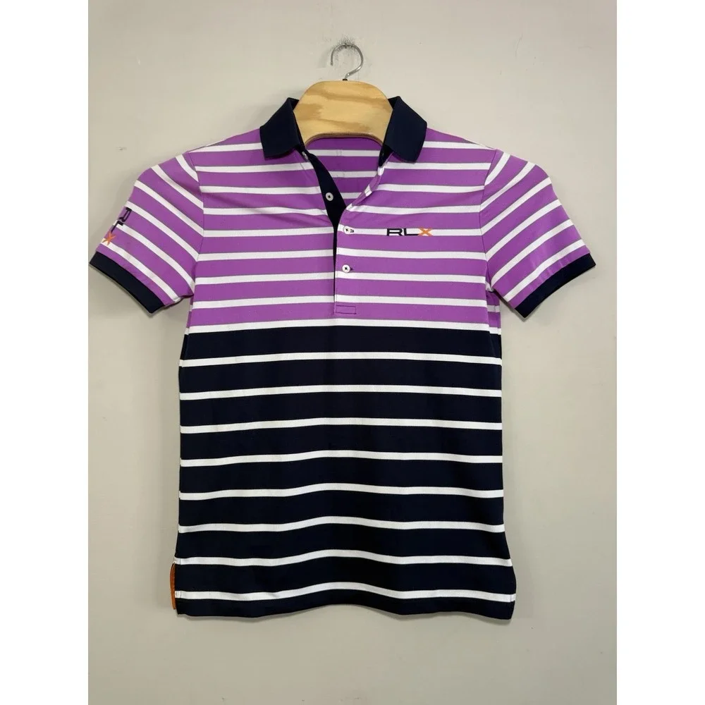 Ralph Lauren RLX Golf Purple & Black Striped Polo Shirt Mens Size Small